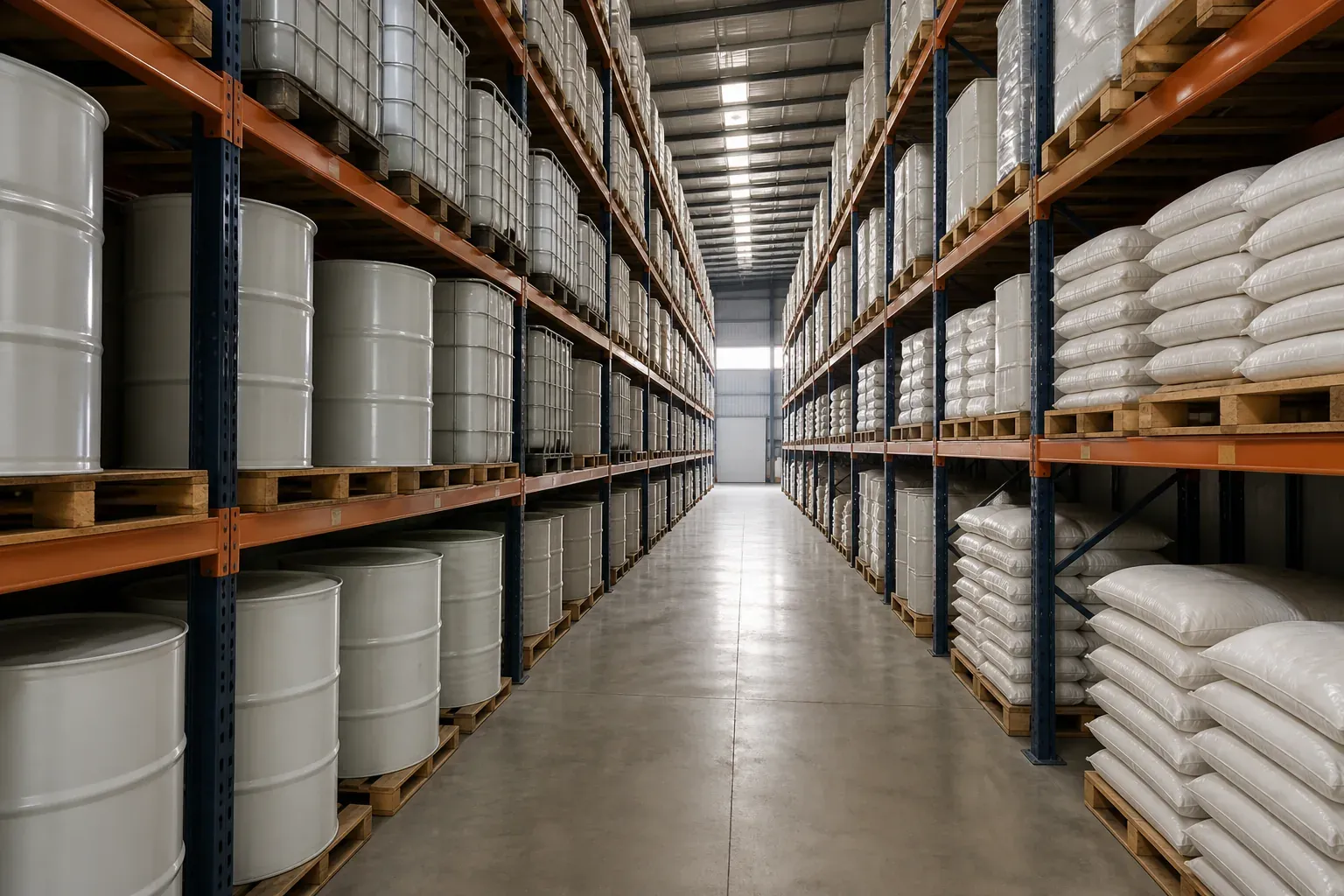 Chemical distribution warehouse aisle with high racking