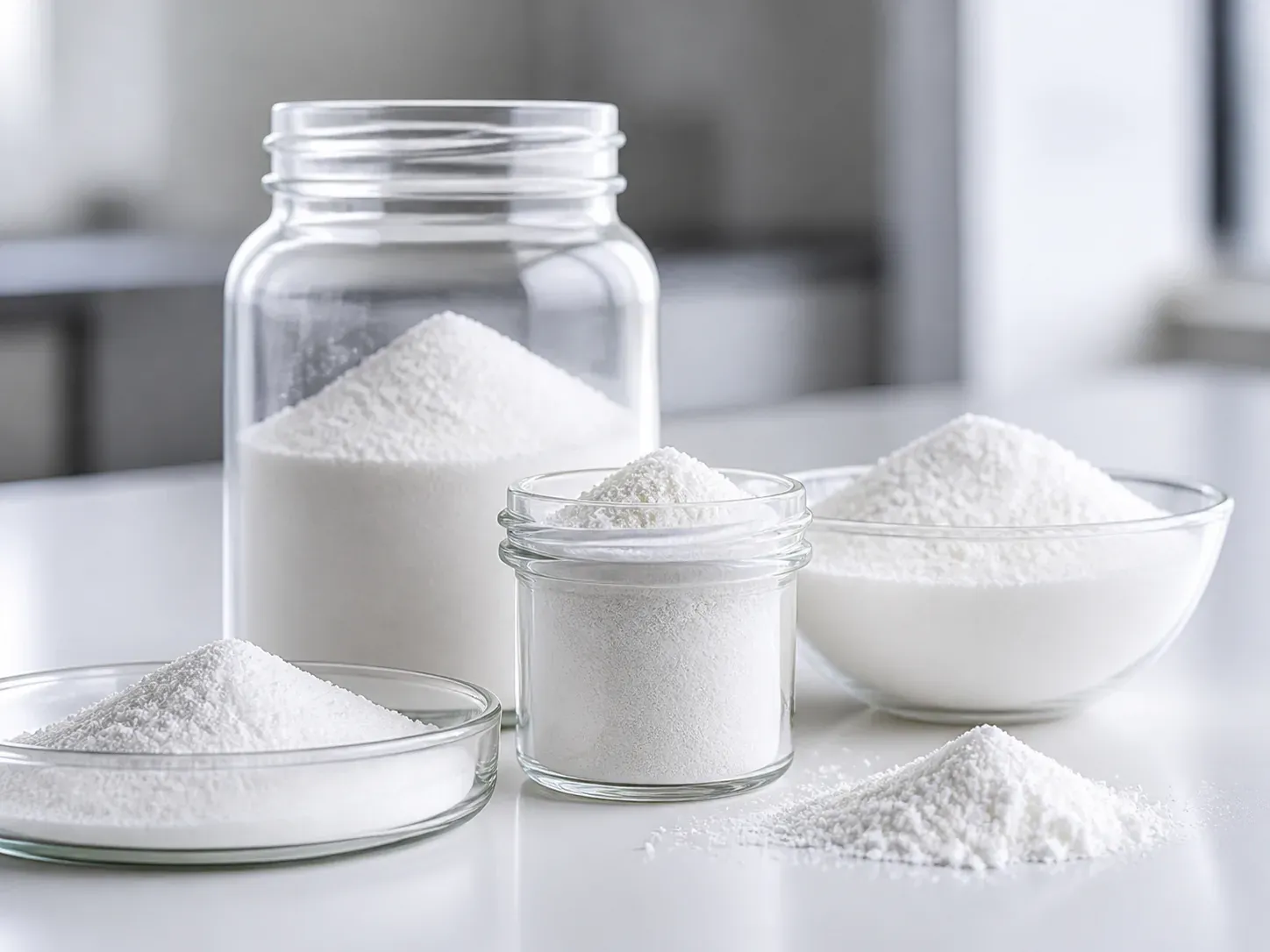 White pharmaceutical excipient powder in unlabelled containers