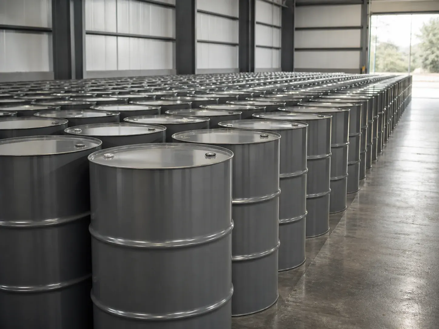 Sealed steel solvent drums in an organised store