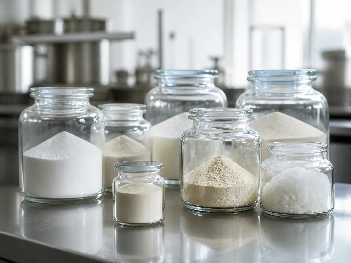 Fine chemical powders and crystals in unlabelled laboratory jars