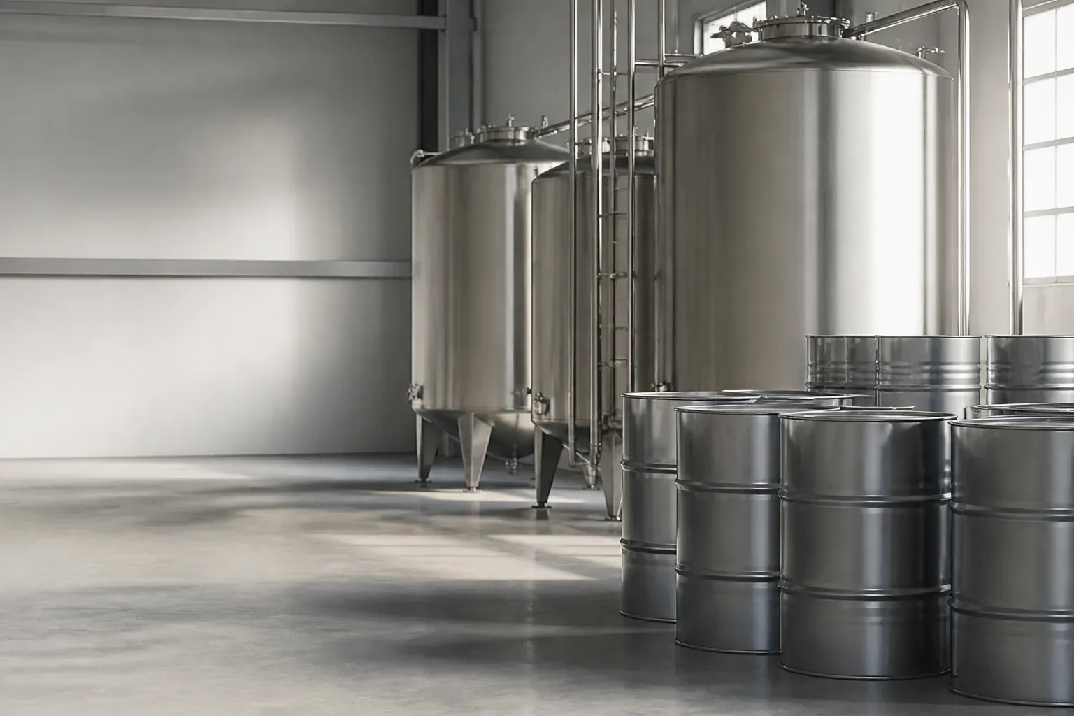 Stainless steel chemical storage tanks and solvent drums in an industrial facility