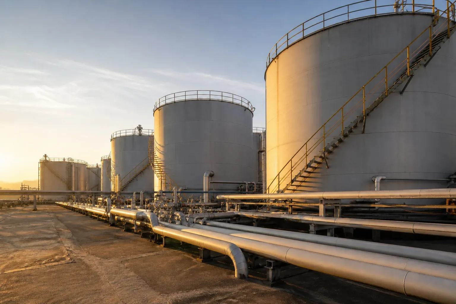 Industrial chemical tank farm at golden hour