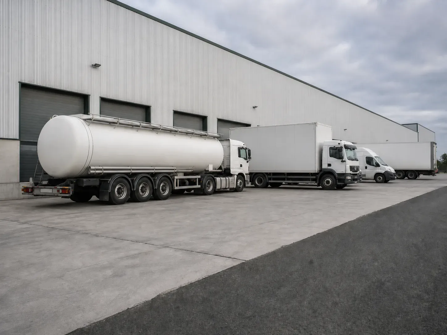 Road tanker and delivery vehicles at a warehouse loading bay