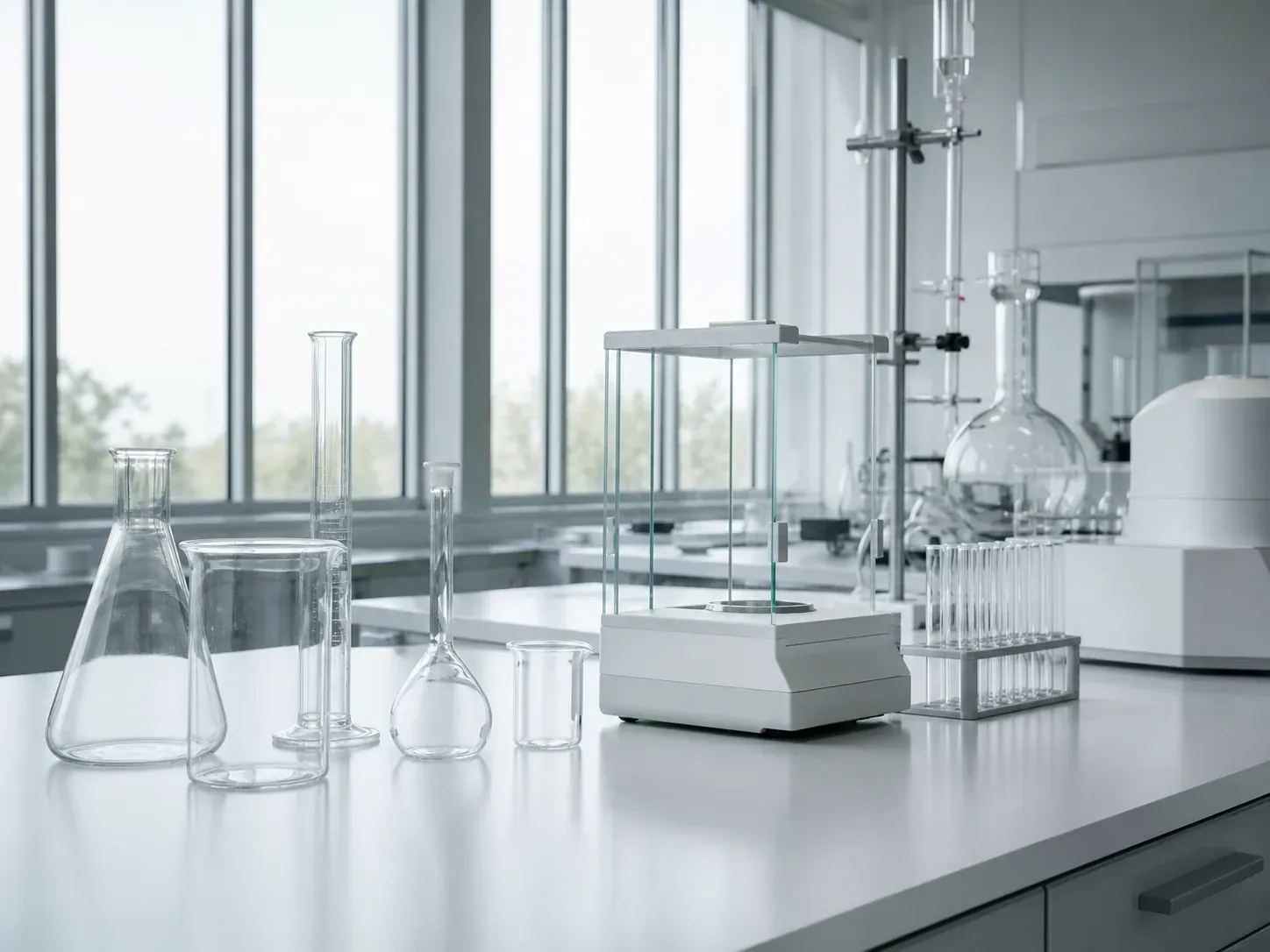 Quality control chemistry laboratory bench with analytical glassware