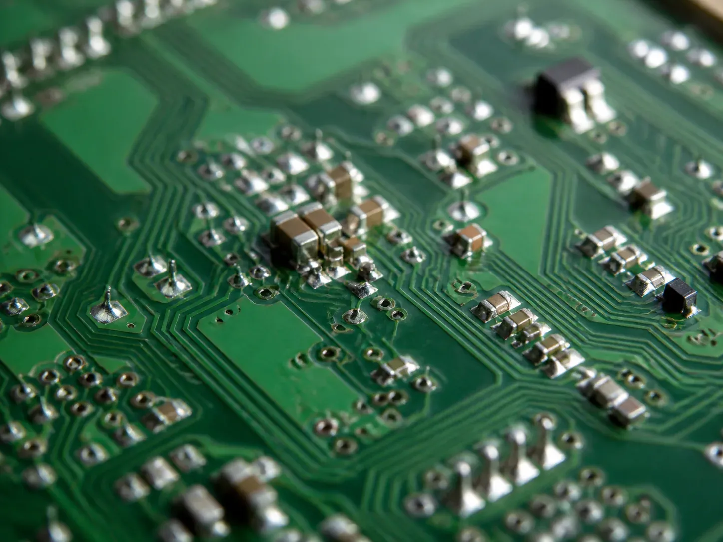 Printed circuit board with solder joints, macro detail