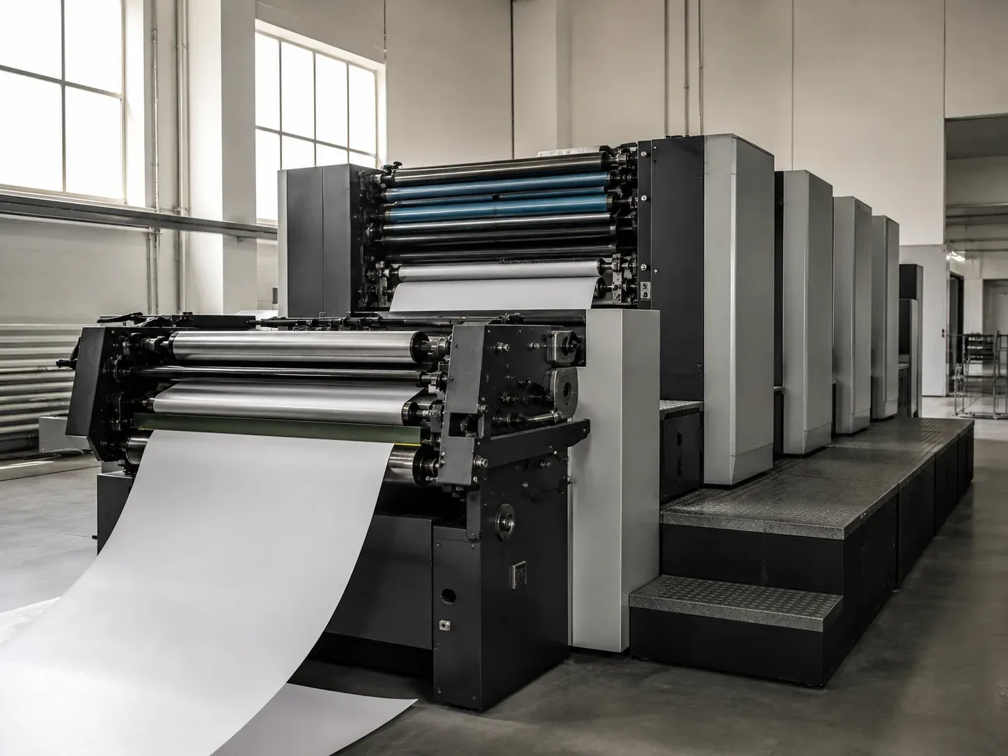 Commercial offset printing press rollers and sheet path