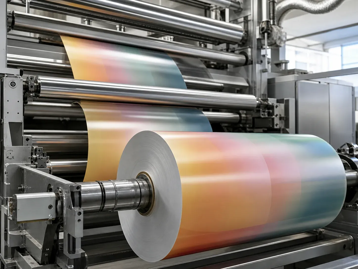 Printed flexible packaging film rolls on a gravure printing line