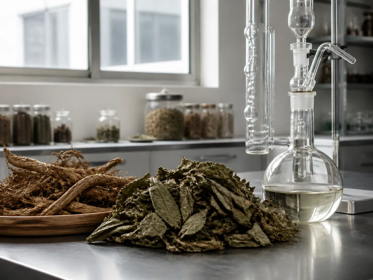 Botanical raw material beside laboratory extraction glassware
